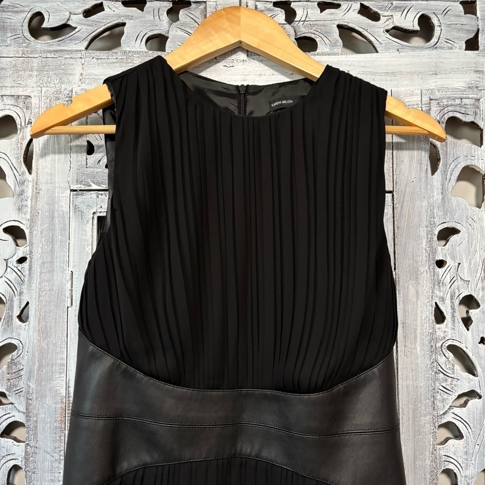 Karen Millen Black Pleated Faux Leather Waist Fit Flare High Neck Mini Dress - Picture 7 of 10
